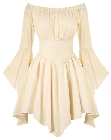 Piratenkostüm Damen Karnevalskostüme Off Shoulder Strampler Piraten Kostüm Frauen Weiß Piratenkleid Langarm Rüschen Elegant Minikleid Boho Piratin Kostüm Damen Halloweenkostüm Renaissance Korsettkleid