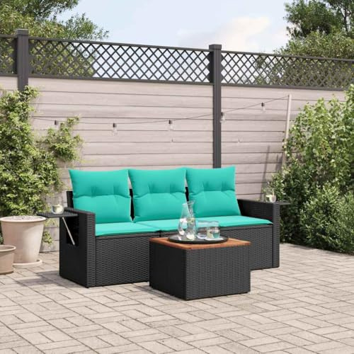 YunCangg 4-teiliges Gartensofa-Set, schwarzes Polyrattan mit blauen Kissen, klappbarer Beistelltisch, für Terrasse, Balkon, Garten und Außenbereich