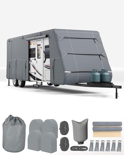 Abdeckplane Wohnwagen 5,5-6,4 m – 7-Lagen-Schutzhülle für Wohnwagen & Reisemobil – Wasserdicht, Winddicht, UV-beständig, mit Hagelschutz – Atmungsaktiv inkl. Sturmgurte, Reifenabdeckungen