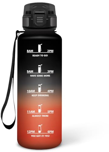 Motswedi Gourde Paille, Gourde 1500 ml, sans BPA & Étanches, Bouteille, Motivation Bouteille d'eau Noir mat & Rouge