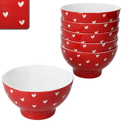 MamboCat 6er Set Love Müslischalen I 300 ml, Ø 12,5 cm I Porzellan Bowl rot mit weißen Herzen I glänzend glasiert mit mattem Herz-Dekor I Schüssel für Müsli, Dessert & Snacks