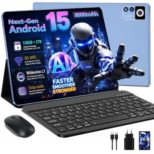 ZIOVO Tablet 10 Pollici Android 15,30GB RAM+128GB ROM(TF 1TB),5G WiFi Tablets,Octa-Core 2.0 GHz/Gemini AI/Widevine L1/8000 mAh/Bluetooth 5.0/GPS/Face ID/2 in 1 Tablet con Tastiera e Mouse-Blu