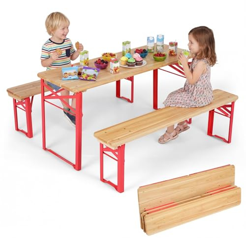 COSTWAY Kindersitzgruppe Outdoor Klappbar, Kinder Picknicktisch Set mit 2 Sitzbänken, Bierzeltgarnitur 110 cm aus Tannenholz mit Metallrahmen, Kindersitzgarnitur für Garten, Terrasse, Camping