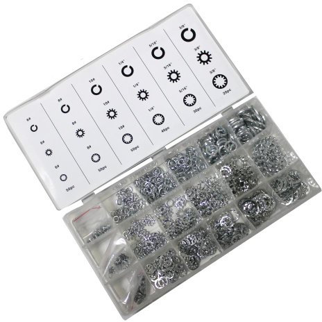 Scatola con assortimento di 720 rondelle freno a molla, dentatura esterna, dentatura interna