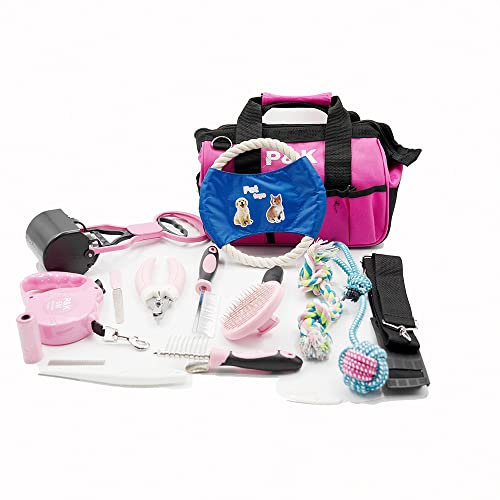 P & K 15-teiliges Tierpflege- & Spielset in Pink | Hundeleine, Spielzeug, Kotgreifer, Bürste & mehr | Ideal für Pflege, Training, Spaziergänge & Spaß mit Ihrem Hund | Perfekt für Hundeliebhaber*innen