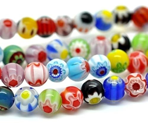 MILLEFIORI GLASPERLEN Handgearbeitete RUND 10mm 37stk MEHRFARBIG 1 STRANG Bunt Gemischte Farbe D83H