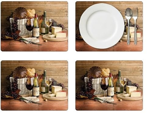 Pimpernel Platzsets handwerkliche Wein – Set of 4 (groß) | 5 mm Kork-Konstruktion, hitze- und schmutzabweisend, Tischschutz bis 100 °C, Wein- und Käsehalterungsdesign, 39,9 x 29,7 cm