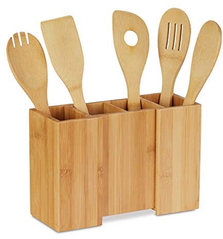 Relaxdays Support à ustensiles de cuisine en bambou, Lot de 5 cuillères, Rangement séparable, 17 x 25 x 10 cm, naturel
