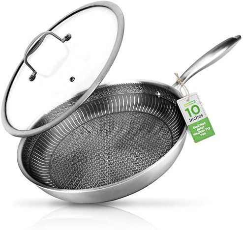 Nutrichef 10 Stainless Steel Frying Pan - Triply Kitchenware Stir Fry Pan Kitchen Cookware w/Dakin Etching Non-Stick Coating, Scratch-Resistant Raised-up Honeycomb Fire Textured Pattern NC3PL10