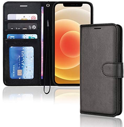 TECHGEAR iPhone 12 Mini Leather Wallet Case, Flip Protective Case Cover with RFID Wallet Card Holder, Stand and Wrist Strap - Black PU Leather with Magnetic Closure Designed for iPhone 12 Mini 5.4