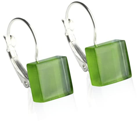 Hängende Ohrringe grasgrün • Nickelfreie Ohrhänger Silber • Hängeohrringe mit Verschluss • Nachhaltiger Ohrschmuck • Schmucksteine: 10mm x 10mm x 3mm