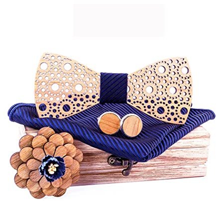 HZQIFEI Noeud Papillon Bois, Ensemble 4 Pièces Noeud Papillon en Bois + Boutons de manchette + Broche + Carré de Poche, Accessoire Mode (Style#07)