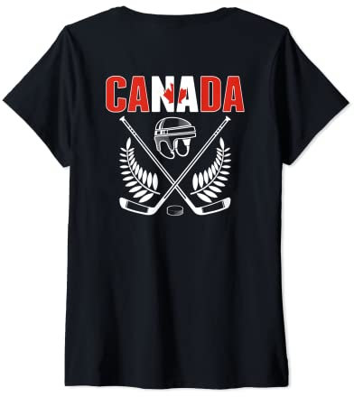Damen Canada Ice Hockey Fans Jersey Kanadische Flagge Hockeyschläger T-Shirt mit V-Ausschnitt