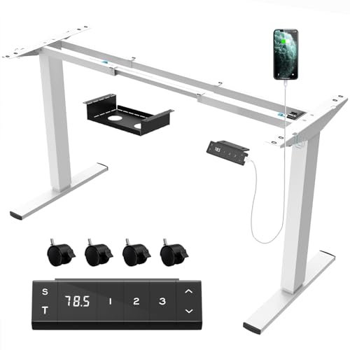 JUMMICO Höhenverstellbarer Schreibtisch Gestell mit USB-Buchse und Kabelwanne, Elektrisch Stufenlos Höhenverstellbar Ttischgestell mit Rollen,Steh Schreibtisch Stehpult(Weiß)