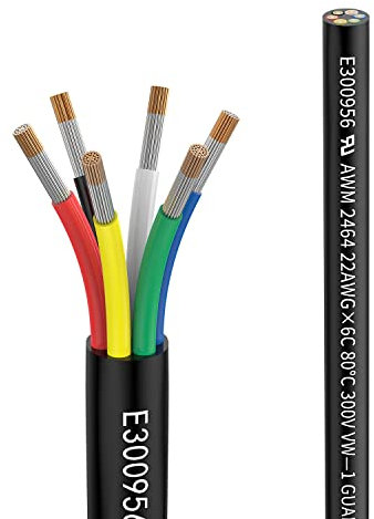 22awg 6×0.3mm² 20M Electrical wire 6 Conductor Extension Cable UL2464 DC 5V/12V/24V/300V 22Gauge Stranded Tinned Copper wire low voltage wire for Automotive led lamp waterproof outdoor landscape wire