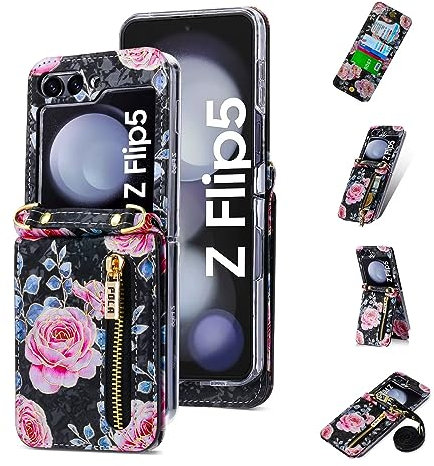 ESONG LederHülle für Samsung Galaxy Z Flip 5 Tasche,Reißverschluss Brieftasche Blumen Muster Schutzhülle mit Band/Kartenfäche/ständer,Wallet Cover Case Stoßfeste Handyhülle für Frau/Damen-Schwarz