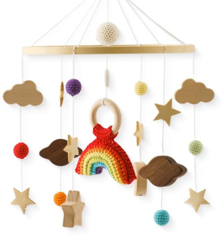 Baby Bed Mobile Baby Wind Chime, Stars, Moons and Rainbows, Handmade Baby Mobile Baby Bed Wood for Baby Girls or Boys, Bed Bell Pendant for Hanging, Baby Bed (Rainbow)