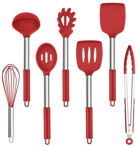 Homikit Silikon Küchenhelfer Set, 7-teiliges Küchenutensilien Kochgeschirr Set mit Edelstahlgriff, Antihaft Hitzebeständiger Kochutensilien, Giftfrei, Leicht zu Reinigen & Spülmaschinenfest, Rot