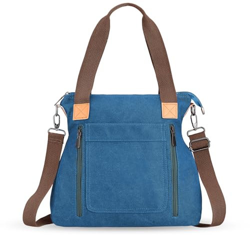 HAWEE Mujer Bolso Tote con Bandolera Retro Bolso de Hombro de Lona Grande Bolso Bandolera Shopper Ligero Bolso de Mano Casual Bolso Cruzado para Viaje Trabajo Escuela Compras Vida Diaria, Azul