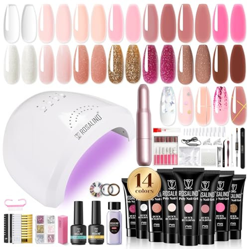 ROSALIND Gelnägel Set mit 48W UV Lampe/Elektrische Nagelfeile, 14 Farben Nagelset Gelnägel Starterset mit Base Top Coat Poly Nägel Quick Extension Maniküre Set fur Gel Nägel Selber Machen