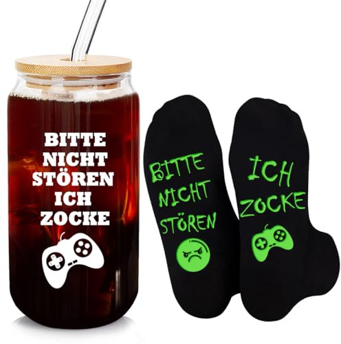 Lustige Geschenke für Männer Geburtstag, Gaming Socken mit Spruch Cocktailgläser Longdrinkgläser Trinkgläser mit Deckel und Glas Strohhalm Zocker Geschenk Coole Sachen für Teenager Jungs Mädchen