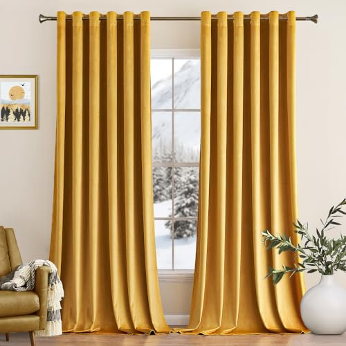 MIULEE Rideaux Velours Jaune Moutarde 200x245 CM Lot de 2, Luxurious Doux Semi-occultant Rideau à Oeillets, Rideau Thermique Isolant Anti Chaleur Velours pour Chambre, Opaque Rideaux Salon Moderne