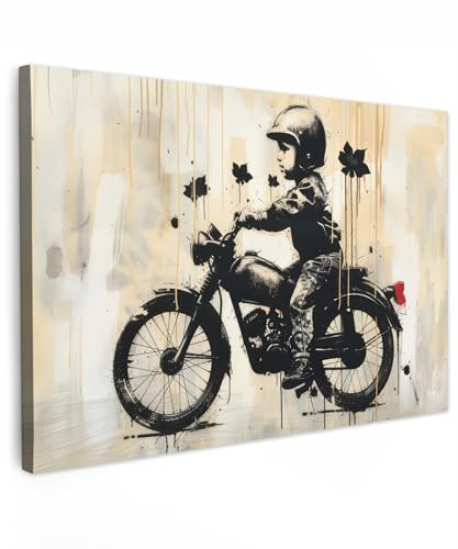 MuchoWow© Leinwandbild 90x60 cm Dekoration Wohnzimmer Bilder Pictures Wall Decoration Living Room Wohnungs Deko Moderne Bild Vintage - Street art - Motorrad - Junge - Graffiti - Schwarz - Banksy