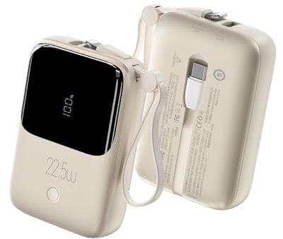 Ven-Dens Fast Charging Power Bank 10000mAh-22.5W-LED Battery Display-Built-in USB C and lighting Cable-Compatible with Iphone 15/14/13/12/11/Pro/Max Samsung Series, etc (Cream)