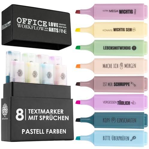 OfficeTree 8x Textmarker Mit Sprüchen - Pastell Farben Mit Aufbewahrungsbox - Motivierende Bürostifte für Büro, Uni, Schule - Lustige Geschenkidee