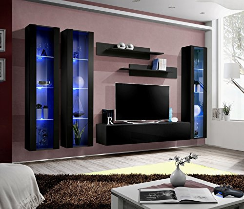 All4All Wohnwand Frans - Schrankwand Hängend - Anbauwand - Wohnzimmerschrank - Wohnzimmer - Wandschrank - Modern - Schwarz Matt/Schwarz Hochglanz 21
