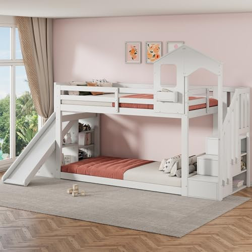 Billg Kinderbett Hochbett 90 x 200cm, Etagenbett für 2 Kinder, Hausbett mit Rutsche und Treppe Stauraum, Lattenrost, Rausfallschutz Massiv Holzbett, für Jungen und Mädchen, Weiß