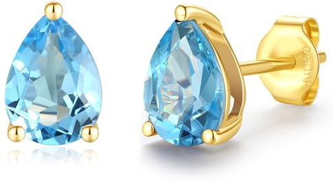 FANCIME Solide 14 Karat 585 Gelb Gold Tropfen Ohrringe Ohrstecker mit Echt Synthetische Aquamarin Geschenk Schmuck für Damen Mädchen Mama, Größe: 5 * 7.7 mm