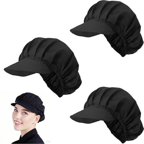 Voarge 3 unidades gorro con visera gorro, gorro con banda elástica para mujer, gorro de cocinero, restaurante, camarero cocina negro/blanco, Negro