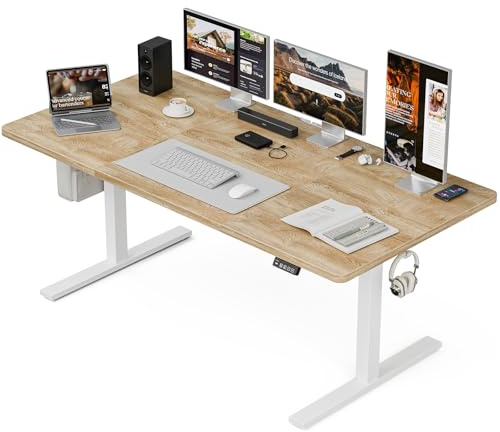 Grandder Scrivania Elettrica Regolabile in Altezza, 140 x 80 cm, Tavolo da Ufficio con Memoria 4 Altezze, Controllo Manuale, Ergonomico Sit-Stand, per Computer/PC, Beige