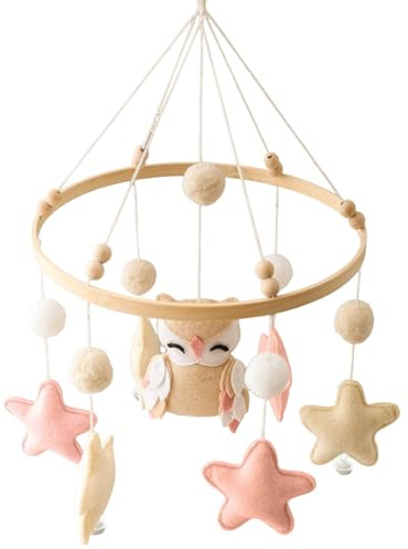 Baby-Mobile für Kinderbett, Holz-Babybett-Mobile mit Filzkugeln, Eule und Stern, Bettglocken-Anhänger für Bett, Kinderzimmer-Dekoration