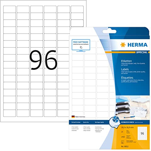 HERMA Self Adhesive Multipurpose Inkjet Labels, 96 Labels per A4 Sheet, 25 Sheets, 30.5 x 16.9 mm, 2400 Labels, Blank Universal Labels Stickers, Sticky Labels for Inkjet Printer, White