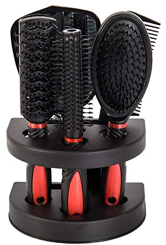 Bottlewise 4-Pieces Hair Brush Set with Mirror & Stand – Curly, Detangle, Wet, Dry & Slick Back Hair Brushes + Comb, Ideal with Hair Dryer or Hot Tools, Suitable for All Hair Types & Textures (RED)