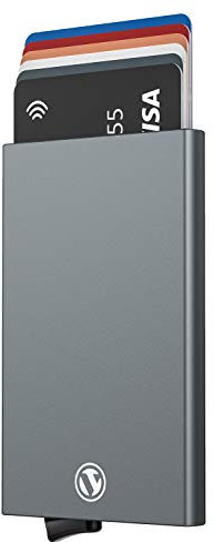 VULKIT Porte Carte Homme ou Femme Porte Carte Bancaire Metallique Automatique Pop Up Porte-Cartes de Crédit Homme RFID Blocage pour 5 Cartes Gris