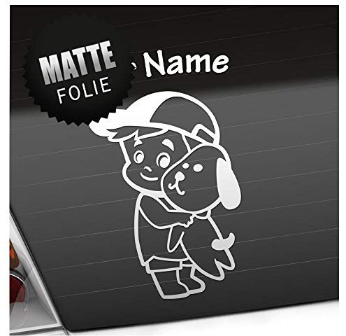 Kiwistar - Babyaufkleber - Mattweiß - Junge Hund Cappy Sticker - mit Wunschtext individuell personalisiert 15cm - für Auto, Motorrad, Tuning - Baby on Board Aufkleber selbst gestalten - selbstklebend