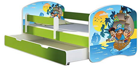 ACMA Kinderbett Jugendbett mit Einer Schublade und Matratze Grün mit Rausfallschutz Lattenrost II 140x70 160x80 180x80 (21 Piraten, 180x80 + Bettkasten)