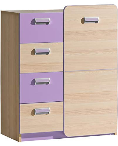 Furniture24 Kommode LORENTO L6 Schubladenkommode mit Tür und 4 Schubladen Kinder Schrank (Esche Coimbra/Lila)