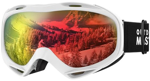 OutdoorMaster Unisex Skibrille für Damen und Herren, Snowboard Brille Schneebrille OTG 100% UV-Schutz skibrille für brillenträger, Anti-Nebel Snowboard Brille Ski Goggles für Jungen (Rot VLT 14.2%)