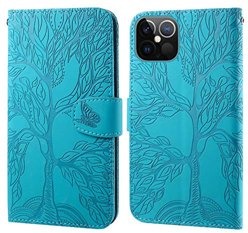 Aisenth for iPhone 12 Pro Max Flip Case, The Tree of Life Embossed PU Leather Wallet Phone Folio Case Magnetic shockproof Protective Cover with Stand function, Card Slots + 1 pcs Wrist Strap (Blue)