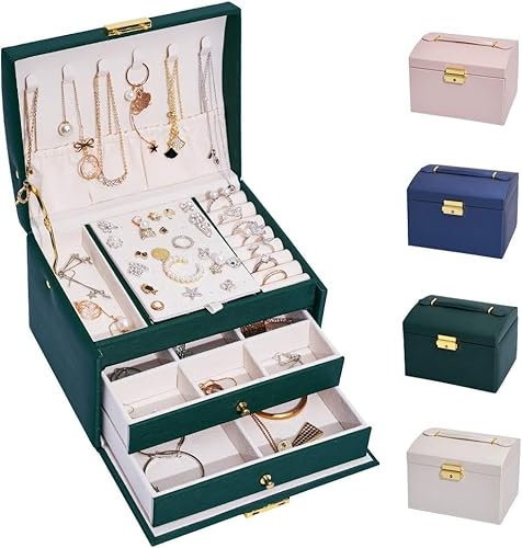hombrima Schmuckschatulle, abschließbar, Schmuckschatulle für Damen, mit 2 Schubladen und 3 Ebenen, Aufbewahrung für Uhren, Halsketten, Ringe, Armbänder, Geschenkideen (Groß-Dunkelgrün)