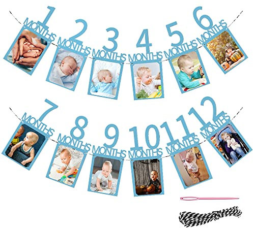 Ghirlanda di Compleanno 12 Mesi, Banner Fotografico 1° Milestone Mensile, Festone Primo Bimbo, Album di Foto per Bambini Primo Anno Cabina, Blu