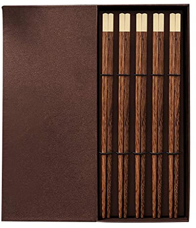 ZHOUXIAO Wooden Japanese Chopsticks Gift Set With Case,5 Pairs Chopsticks Reusable, Natural Wood Luxury Chopsticks Chinese Non-slip Sushi Chopsticks,Dishwasher Safe Chopstick D