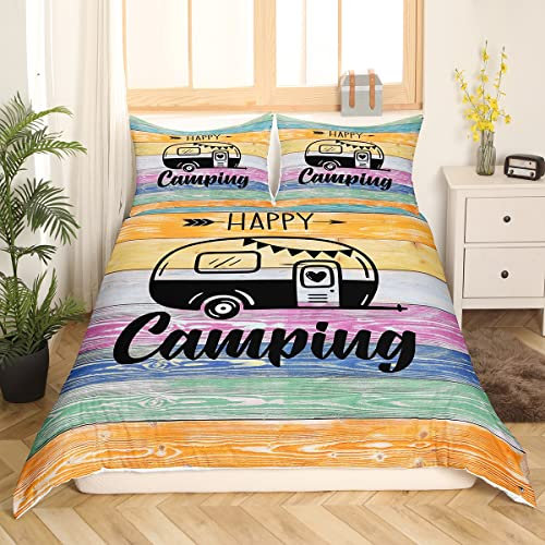 Camper Bettwäsche Set für Jungen Happy Camping Bettbezug 2 teilig rustikaler Bauernhaus Bettbezug für Teenager Skizzenzeichnung Camper Bettsets weicher Mikrofaser,mit 1 Kissenbezug 135 x 200 cm