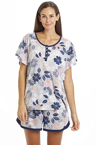Camille Womens Floral Leaf Jersery Short Pyjama Set - Ladies Stylish Lightweight & Breathable Pyjamas with Elasticated Shorts for Comfort and Style