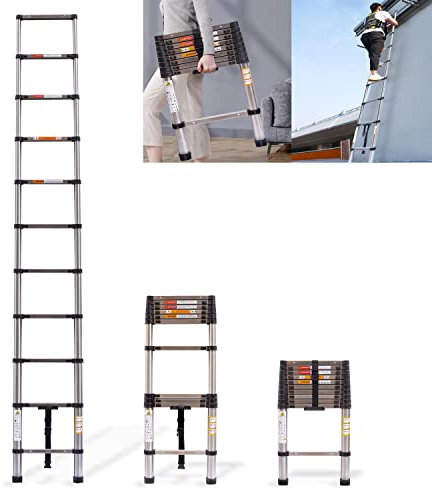 DICN 2.6m Telescopic Ladder, Stainless Steel, 150kg Load Capacity, Portable & Easy to Store, Multi-Purpose