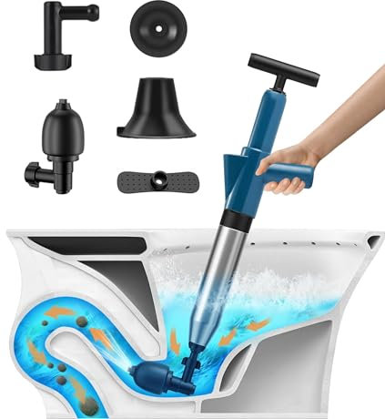 Toilet Plunger, High Pressure Air Drain Blaster Kit, Powerful Manual Pneumatic Dredge Equipment with 4 Replaceable Heads & Visual Barometer, Drain Unblocker for Sink/Bathtub/Floor Drain/Clogged Pipe